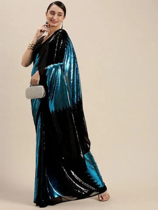  Poly Georgette Blue Colour Sequinned Work Saree