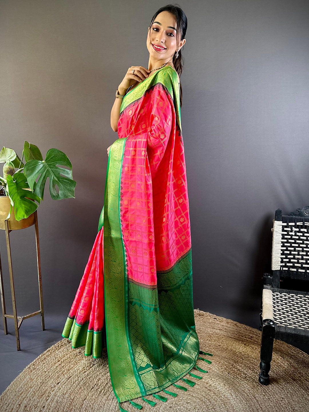 Elegant pose in blush pink Kovai Banarasi silk saree with green accents