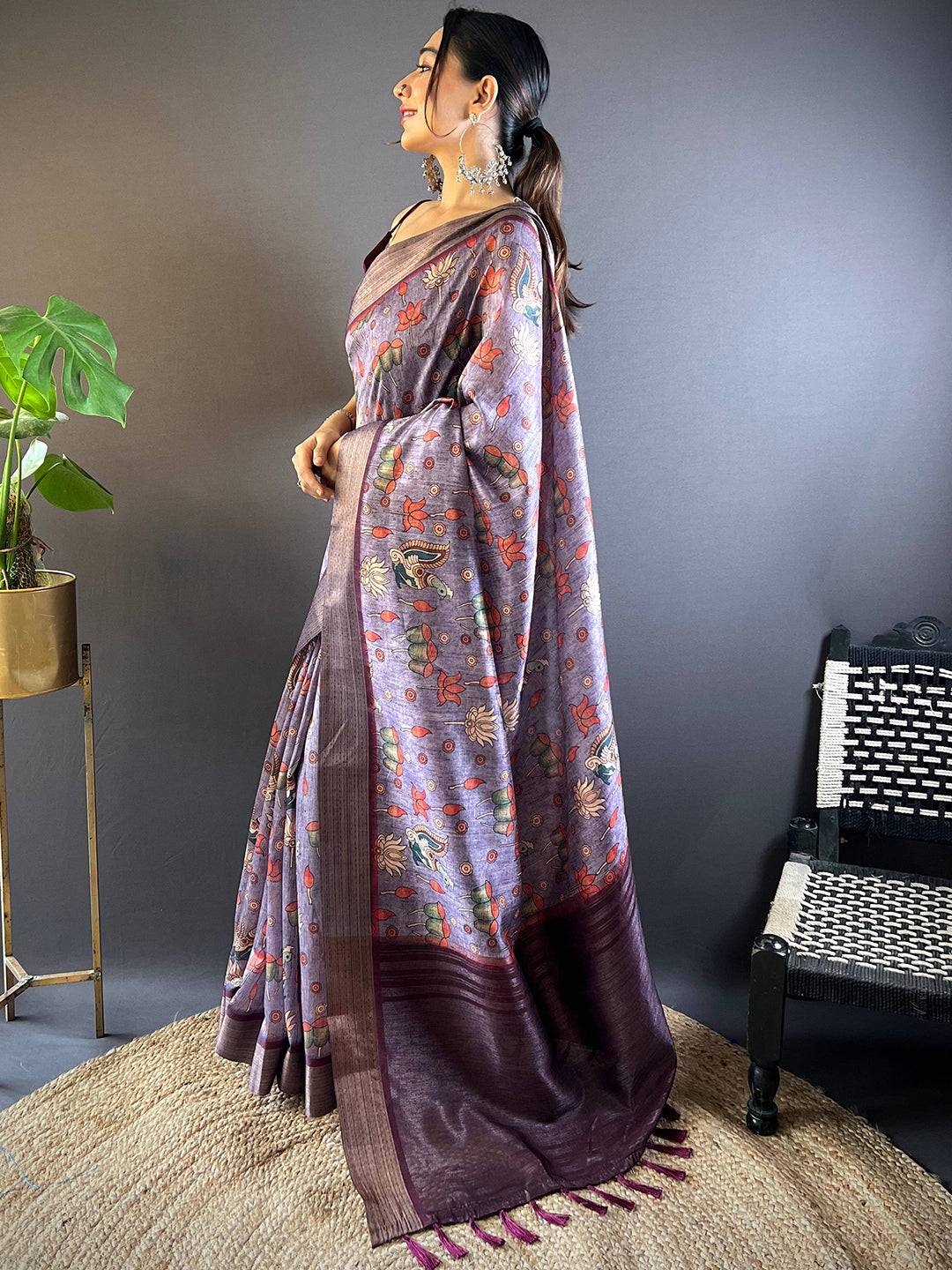 Purple Kalamkari Tussar Silk Saree