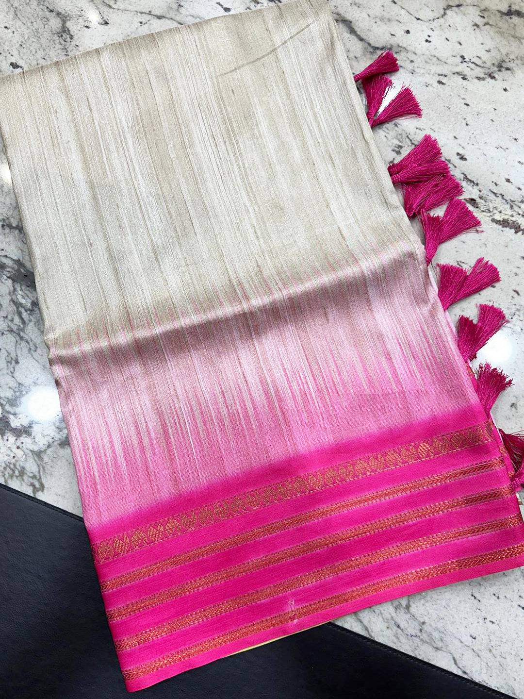 Pink Ikkat Motifs and Paisley Prints on Ghicha Saree