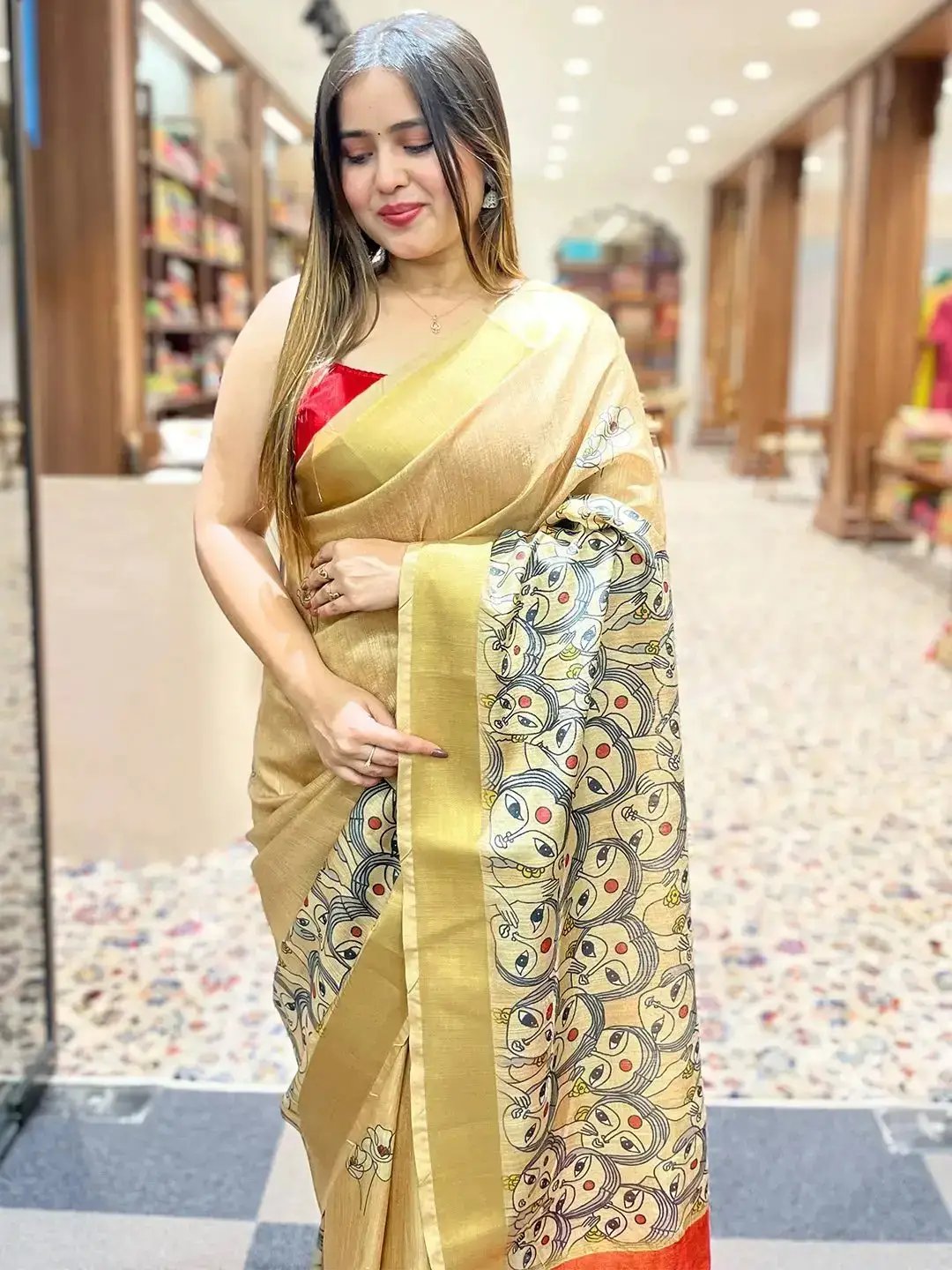 Golden Zari Tissue Saree With Handmade Tassels On Pallu – kreationbykj