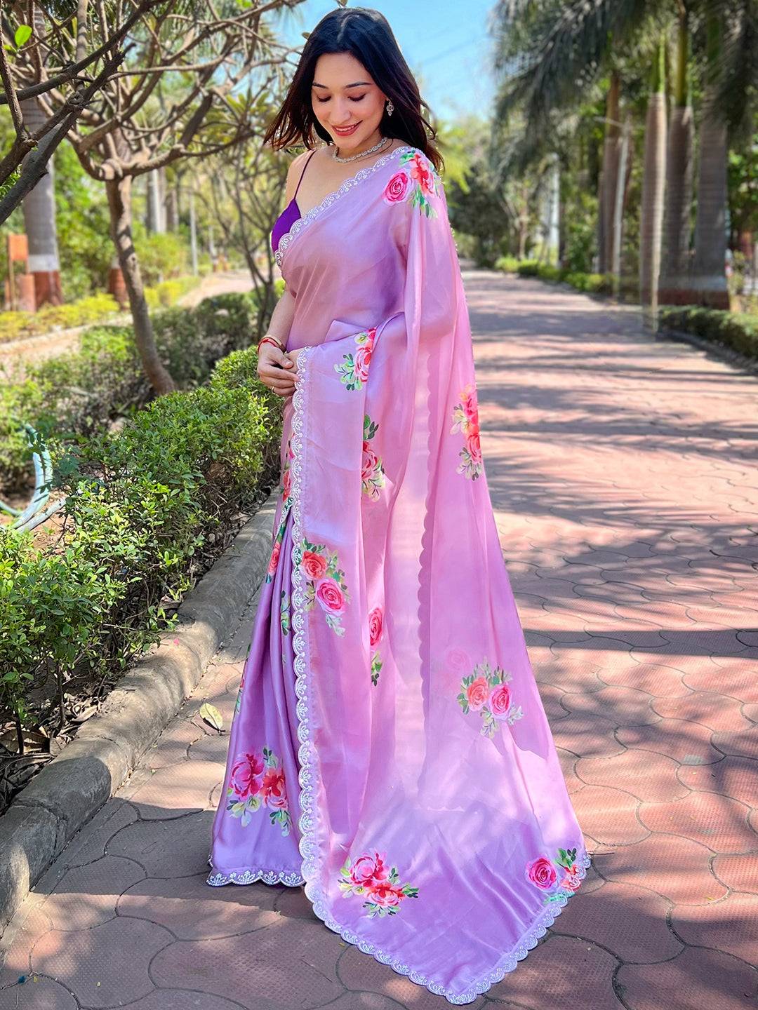 Floral print lavender saree in satin georgette with Swarovski details