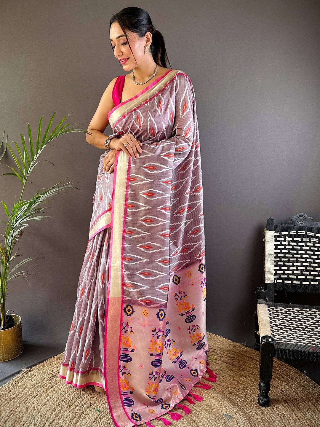 Light Mauve Ikkat Paithani Soft Silk Saree