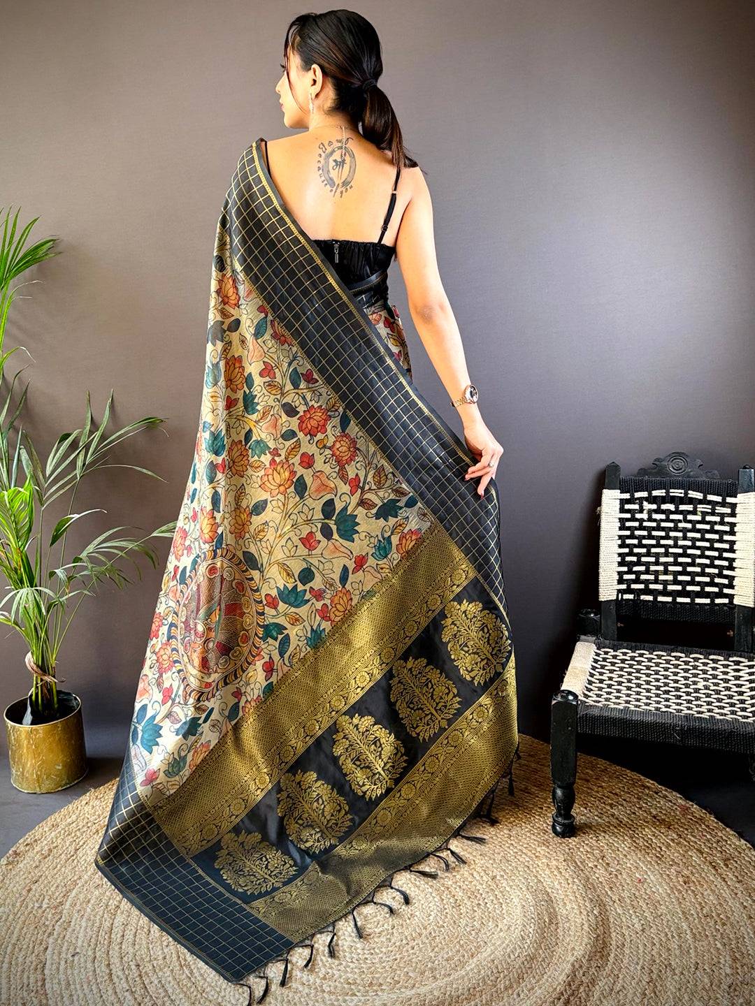 Black Soft Silk Kalamkari Printed Saree