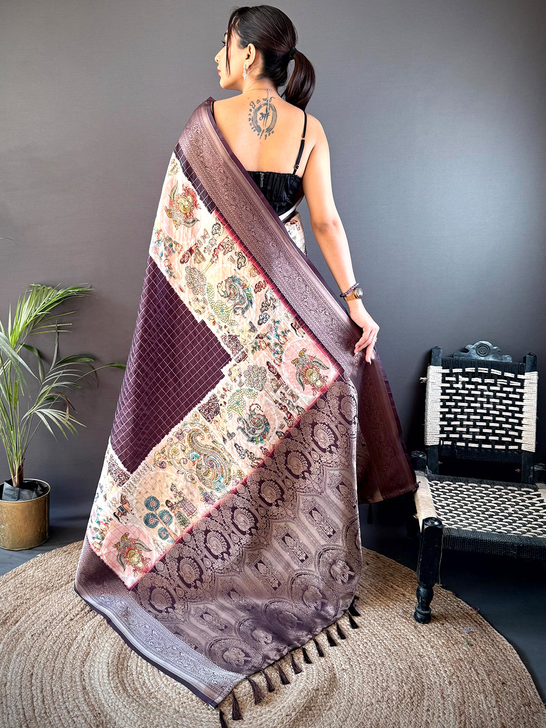 Artisanal Brown Silk Blend Kalamkari Saree