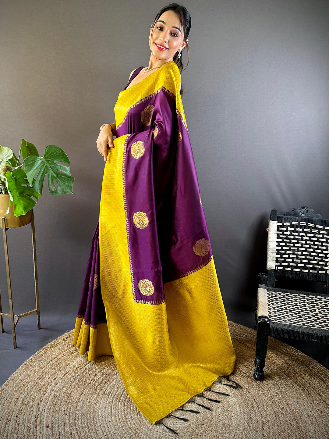 Wine Elegance With Golden Motifs Saree