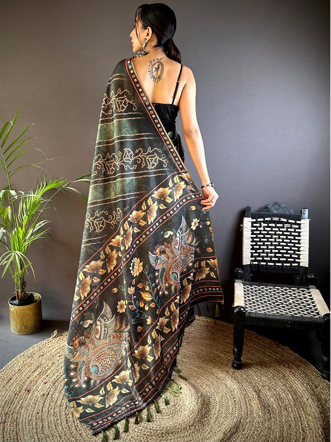 Green Bandhej Digital Print Saree