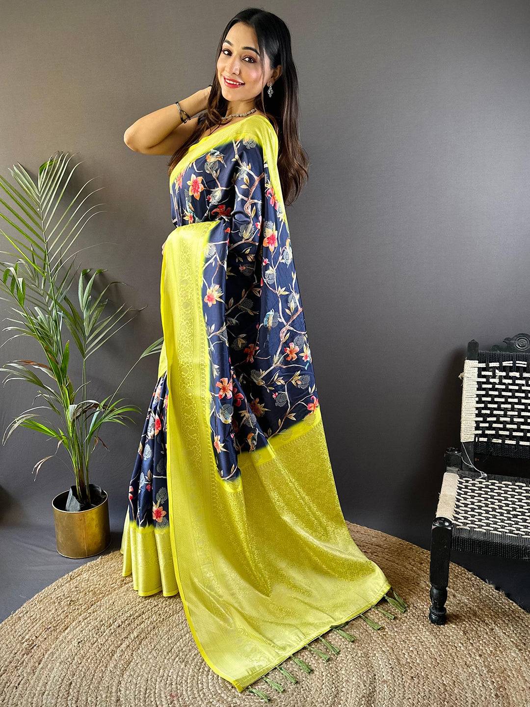 Navy Blue Floral Brids Print Saree