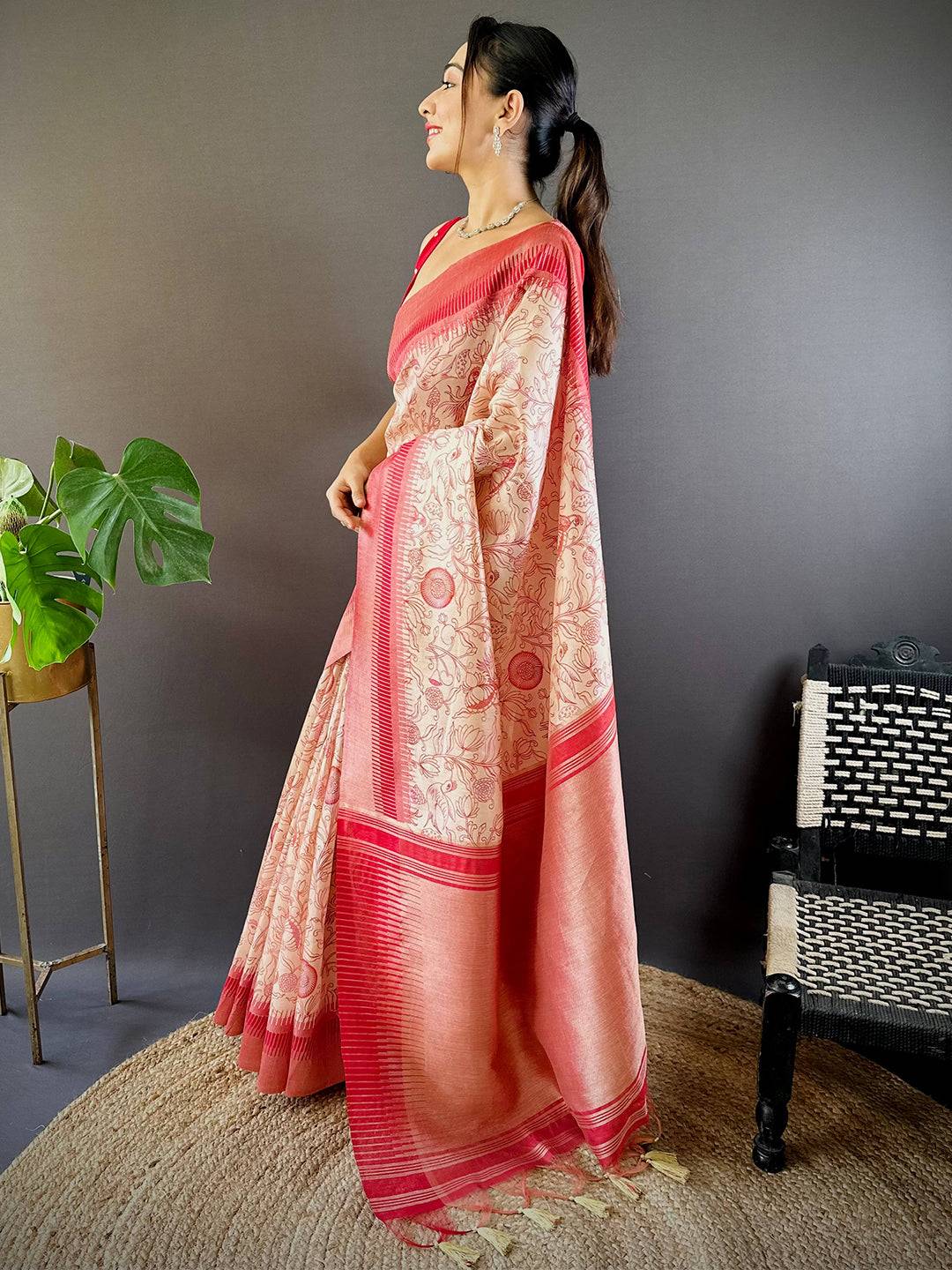 Red Floral Tussar Silk Saree