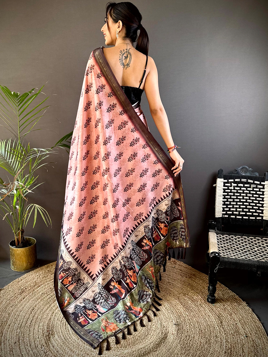 Pink Soft Silk Bird Kalamkari Print Saree