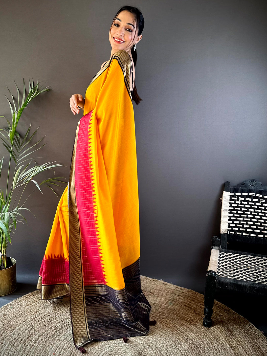 Sunshine Yellow Zari Pallu Cotton Viscose Saree