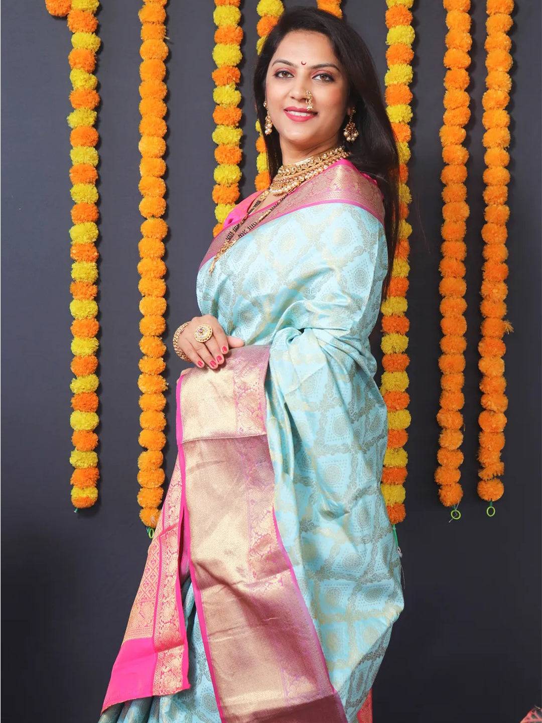 Aqua Banarasi Brocade Saree