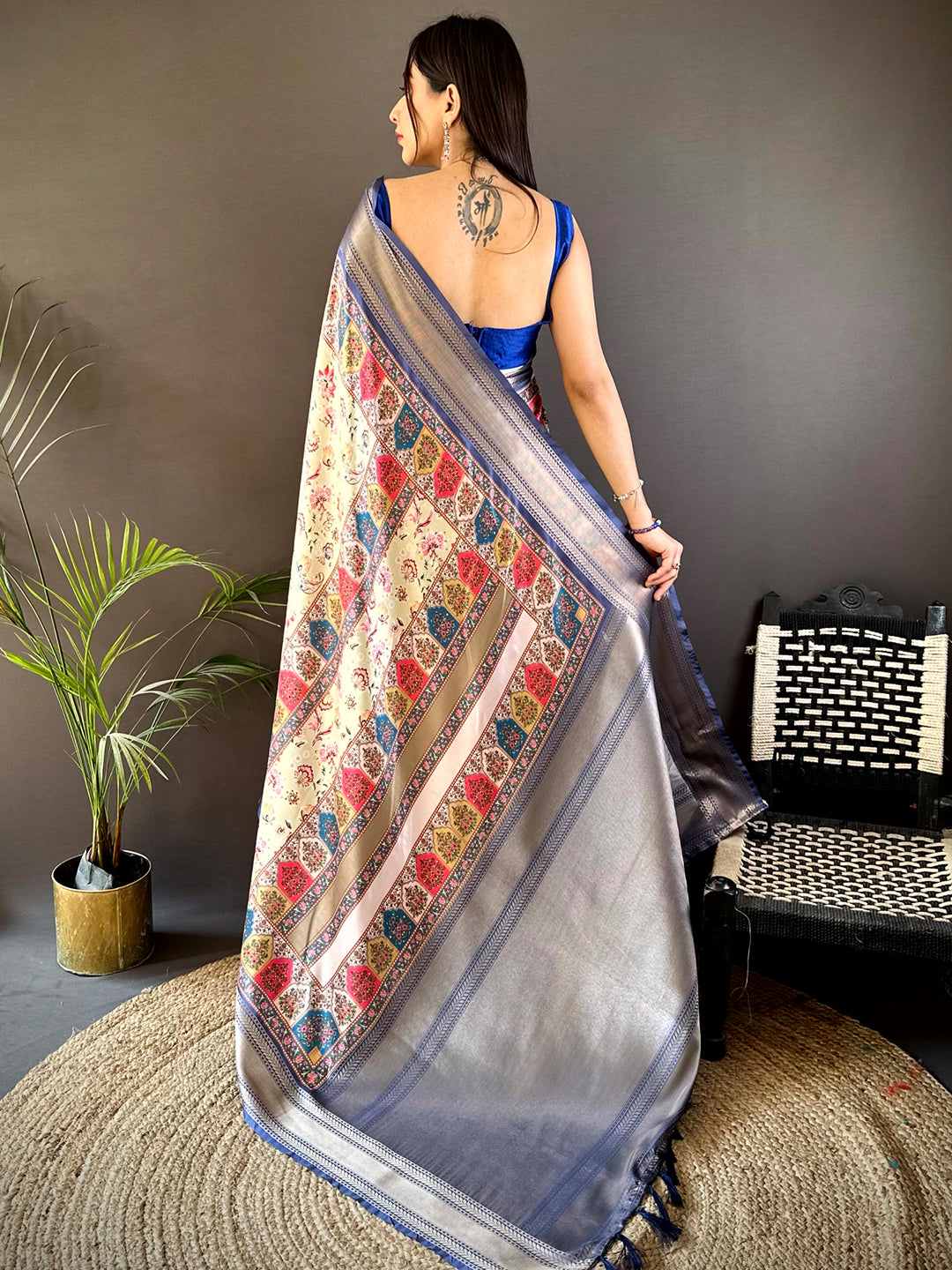 Royal Blue Mughal Kalamkari Print Pashmina Saree