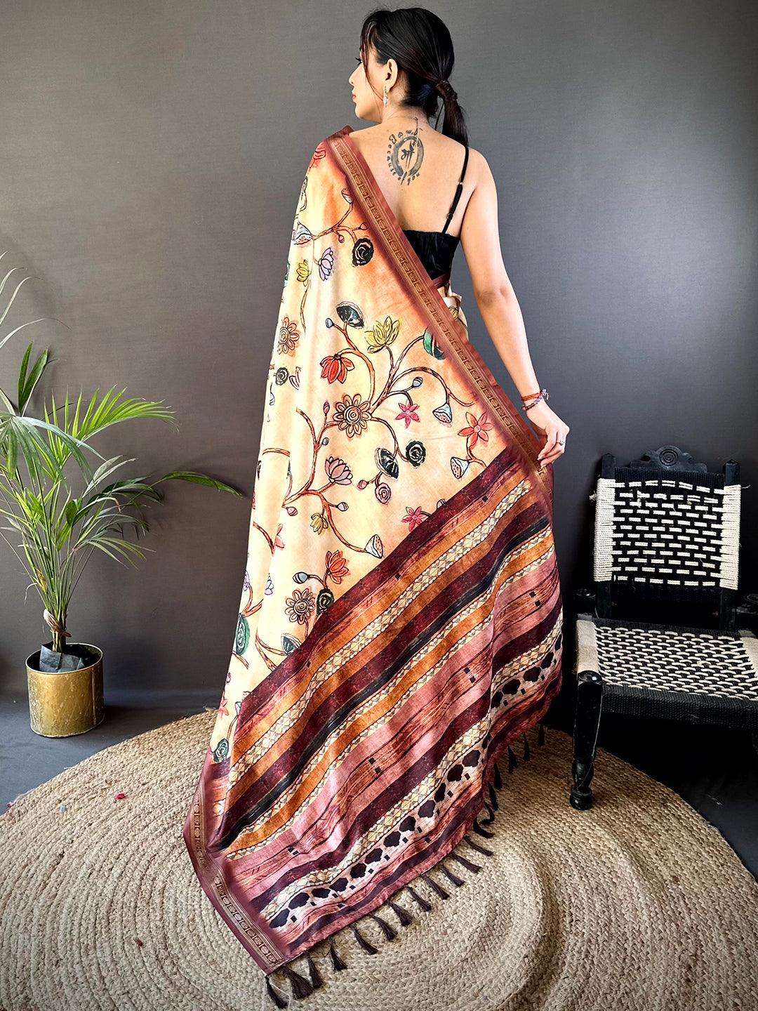 Peach Soft Silk Freehand Kalamkari Print Saree