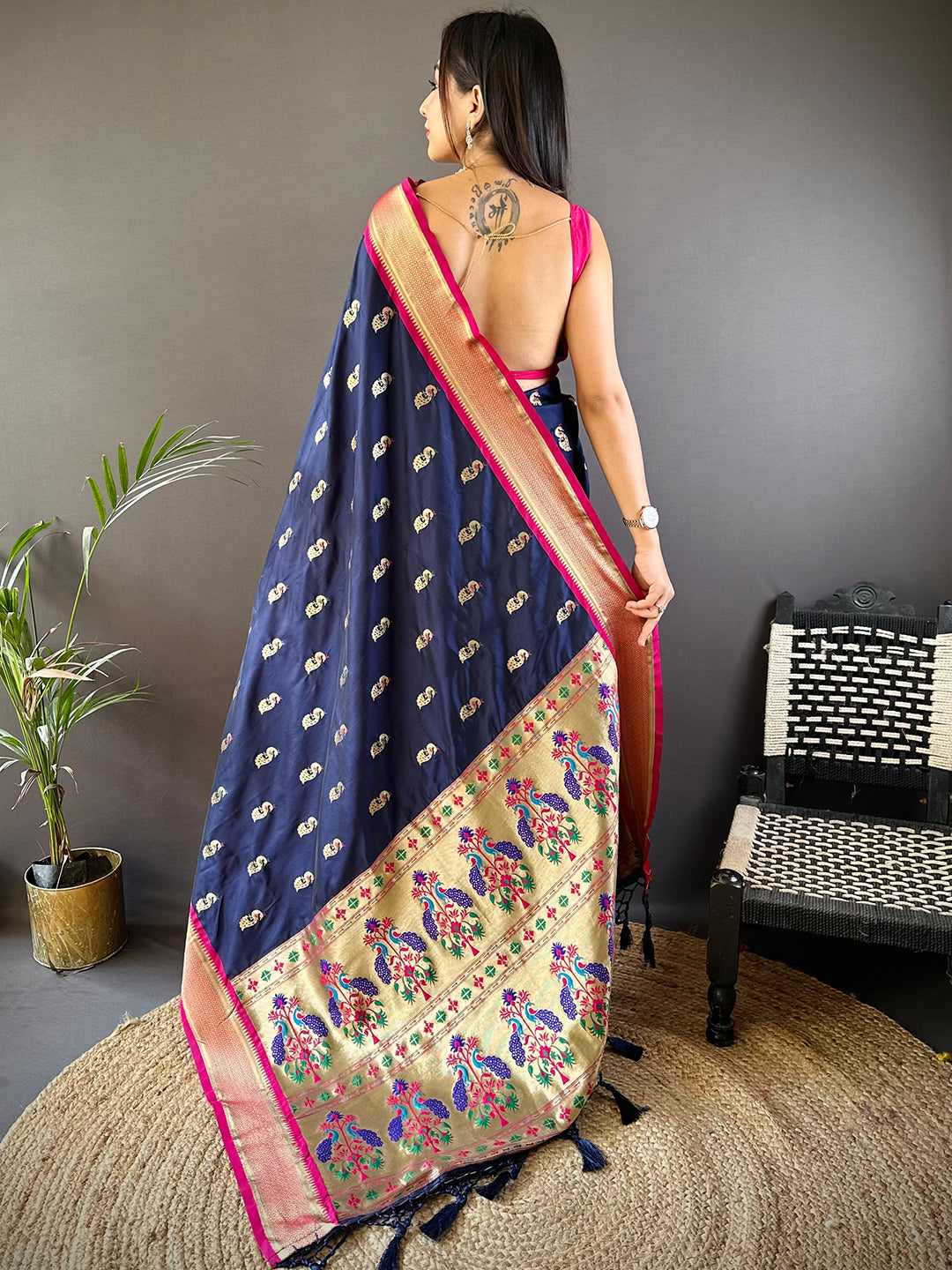 Trendy Yevla Paithani Minakari Work Silk Saree in Navy Colour