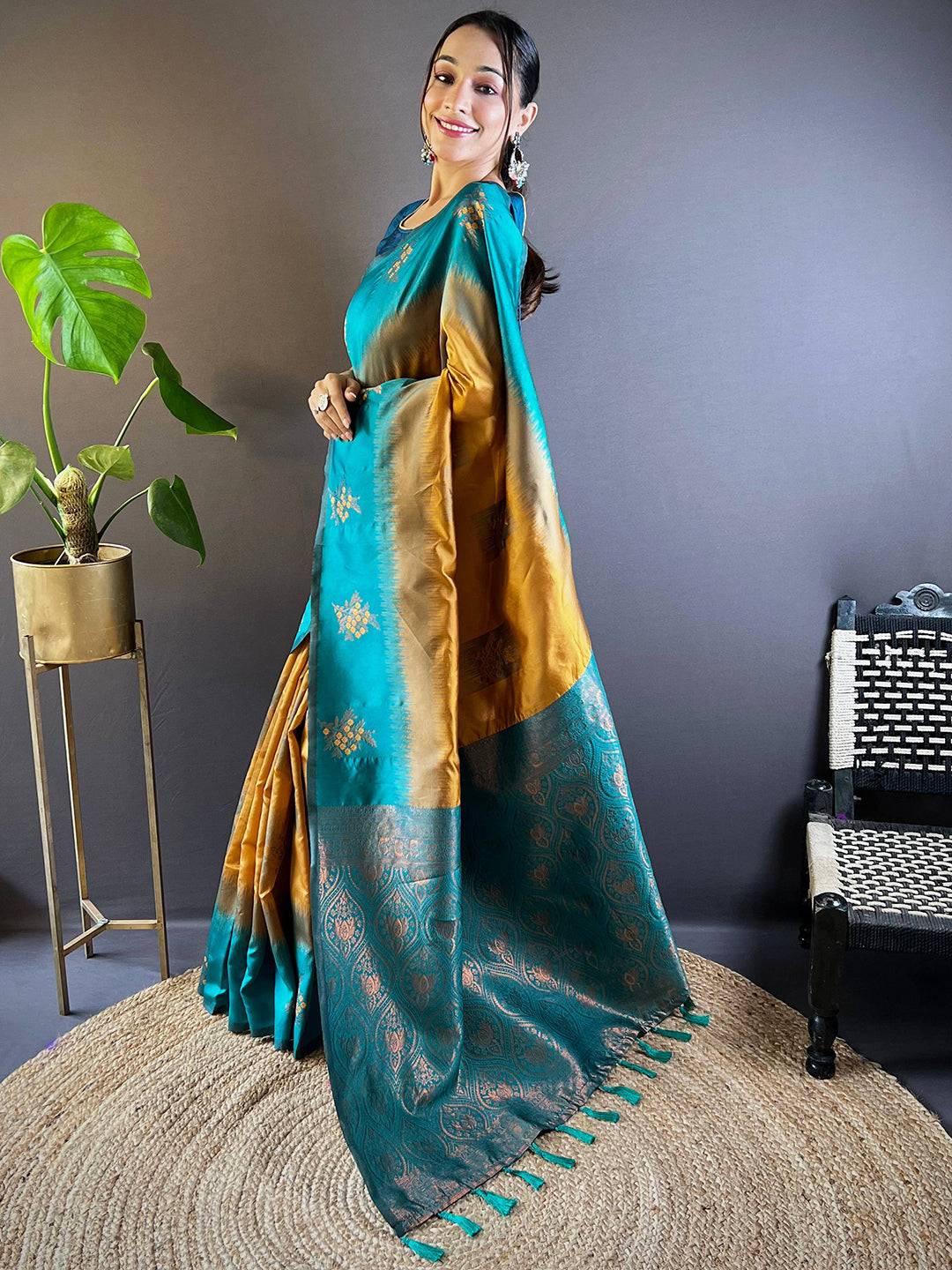 Side pose showcasing Mustard Sami Banarasi Tussar Silk Saree.