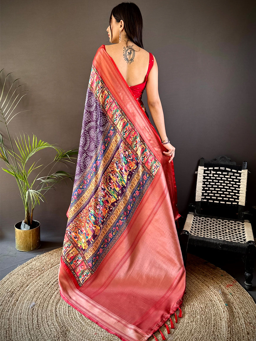 Purple Mughal Kalamkari Print Pashmina Saree
