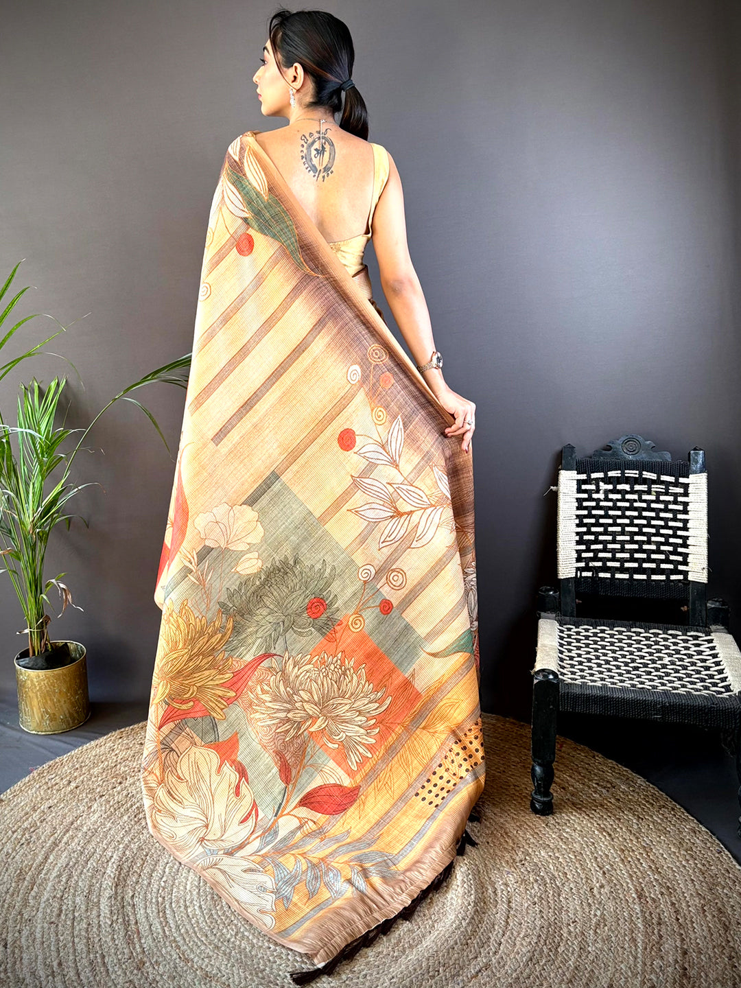 Beige Tussar Silk Floral Prints Saree