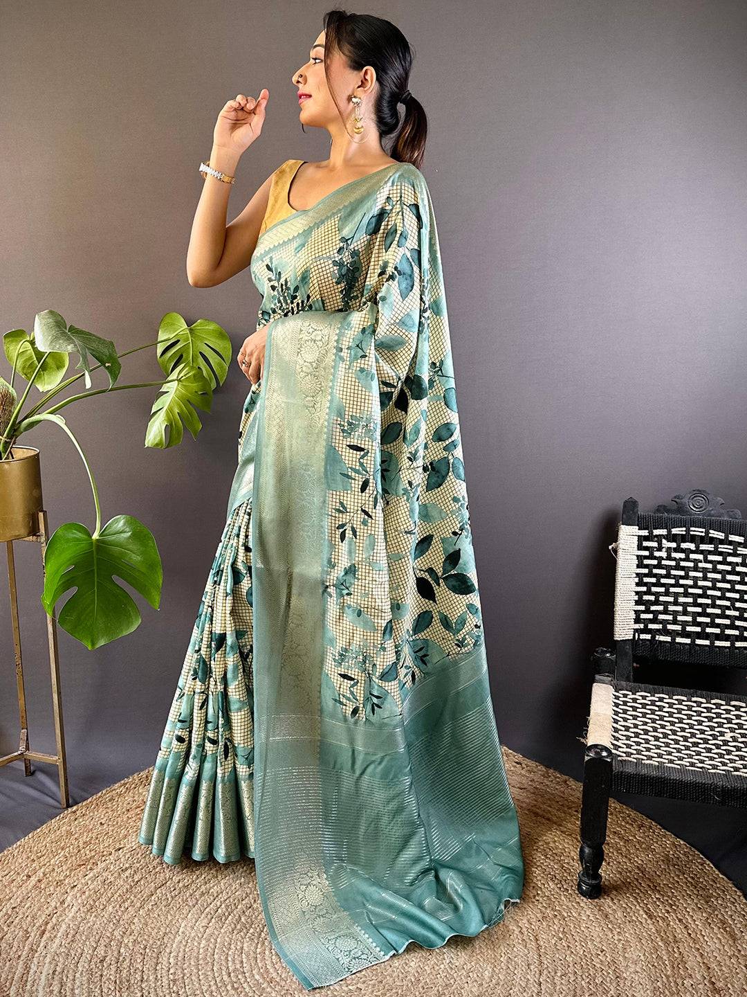 Leaf And Check Turquoise Viscose Saree