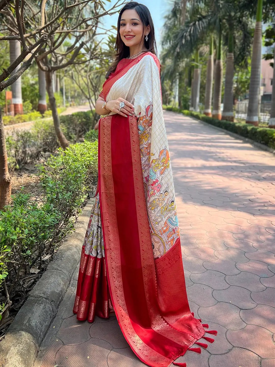 Elegant Banarasi saree in cream and red with intricate chex weaving