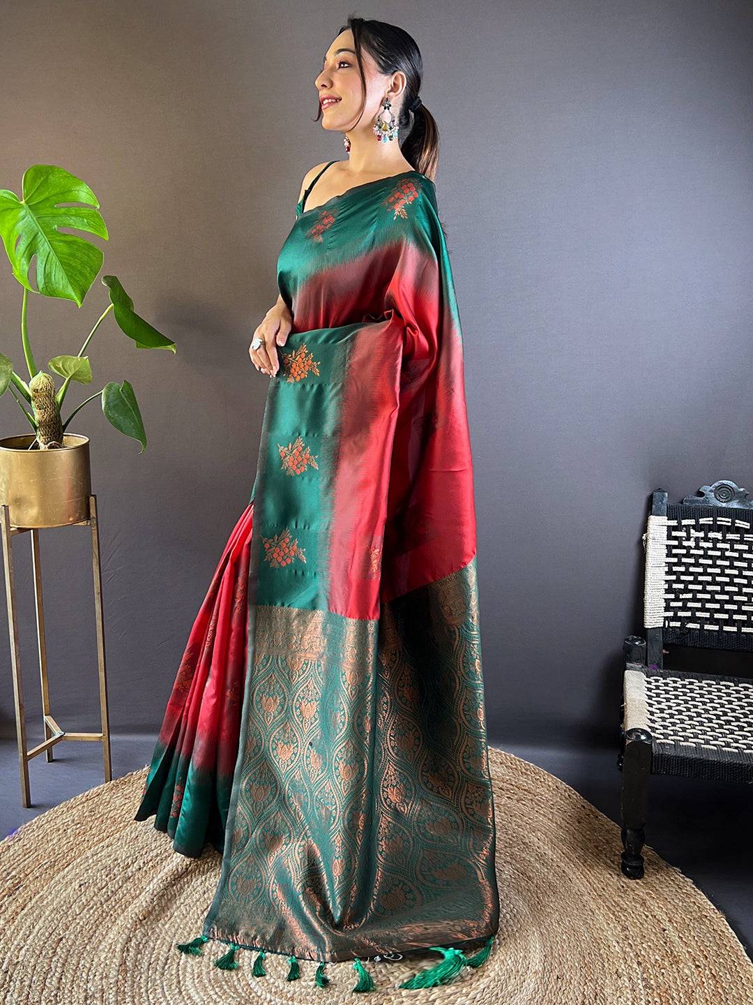 Model showcasing Cherry Red Sami Banarasi Tussar Silk Saree