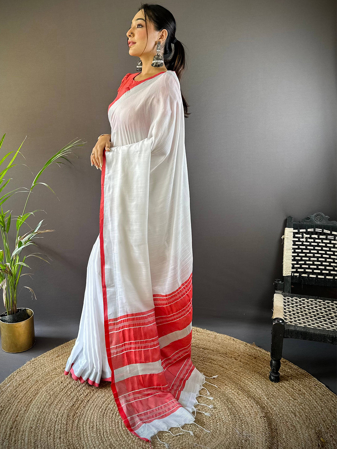 Bhagalpuri Linen Saree With Red Colour Small Patti