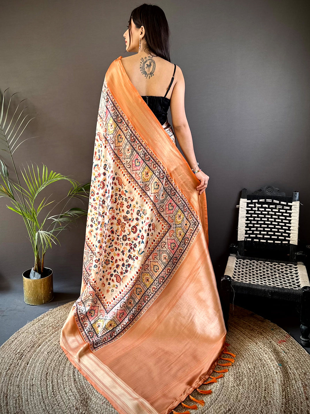 Light Orange Mughal Kalamkari Print Pashmina Saree