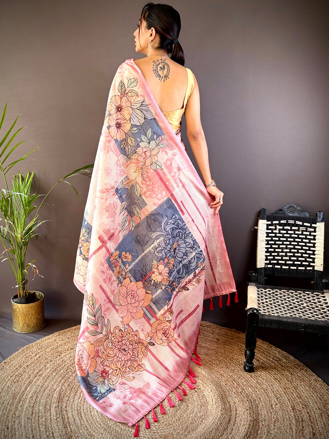 Rose Pink Tussar Floral Saree