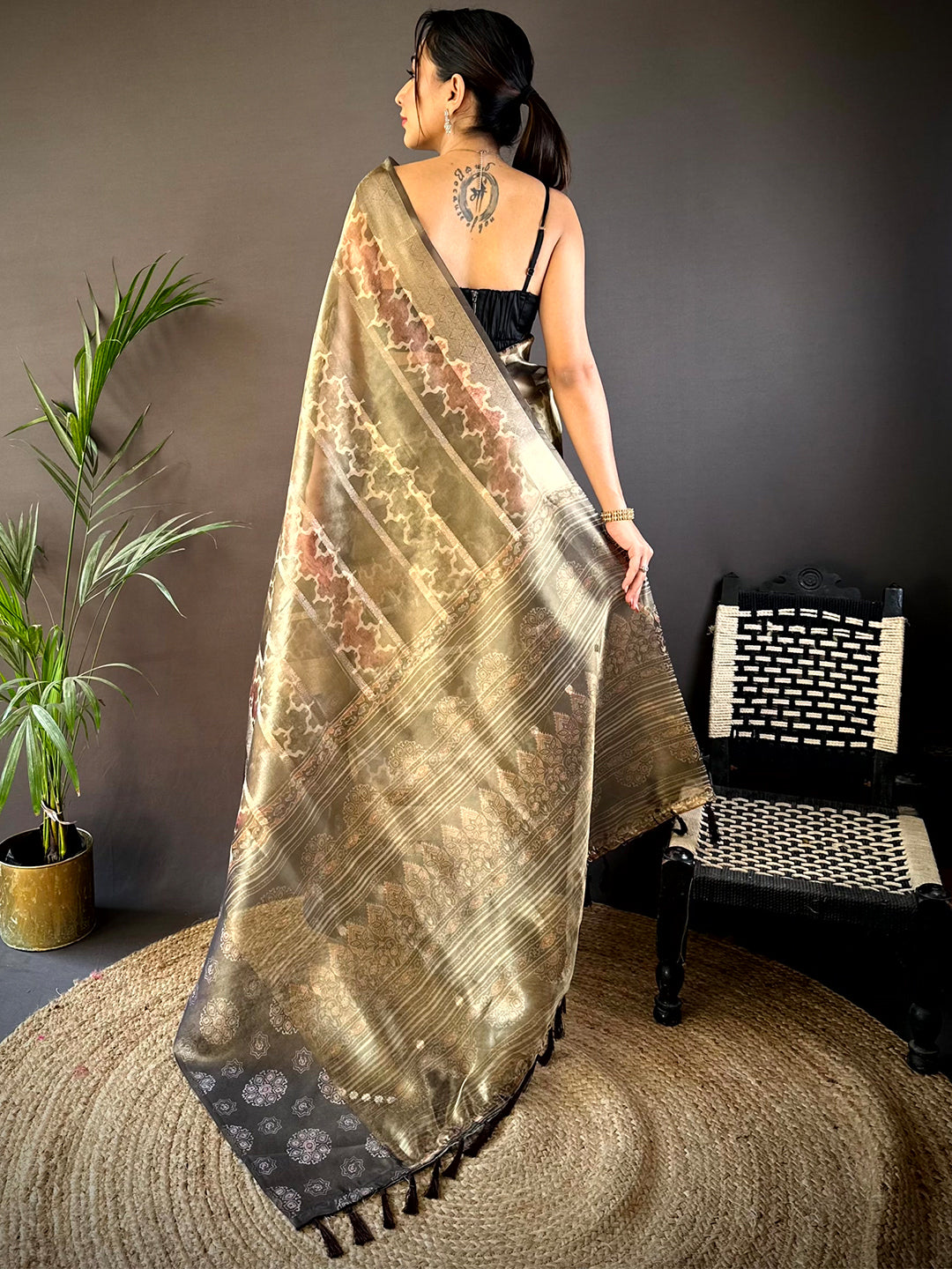 Light Brown Tissue Striped Digital Printed Saree