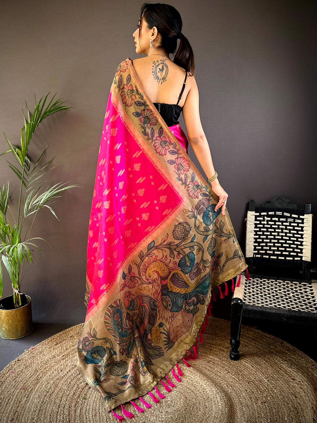 Pink Soft Silk Kalamkari Printed Pallu Saree