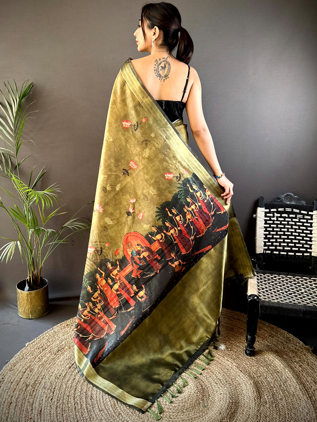 Olive Soft Silk Tissue Pichwai Print Saree