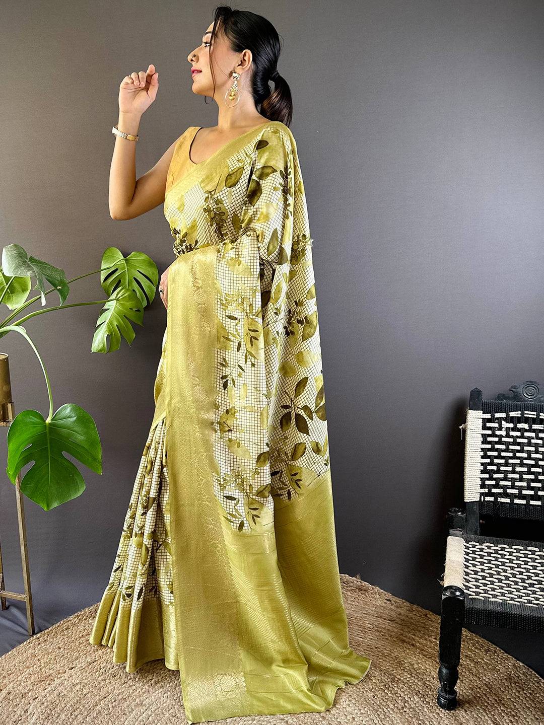 Leaf And Check Olive Viscose Saree