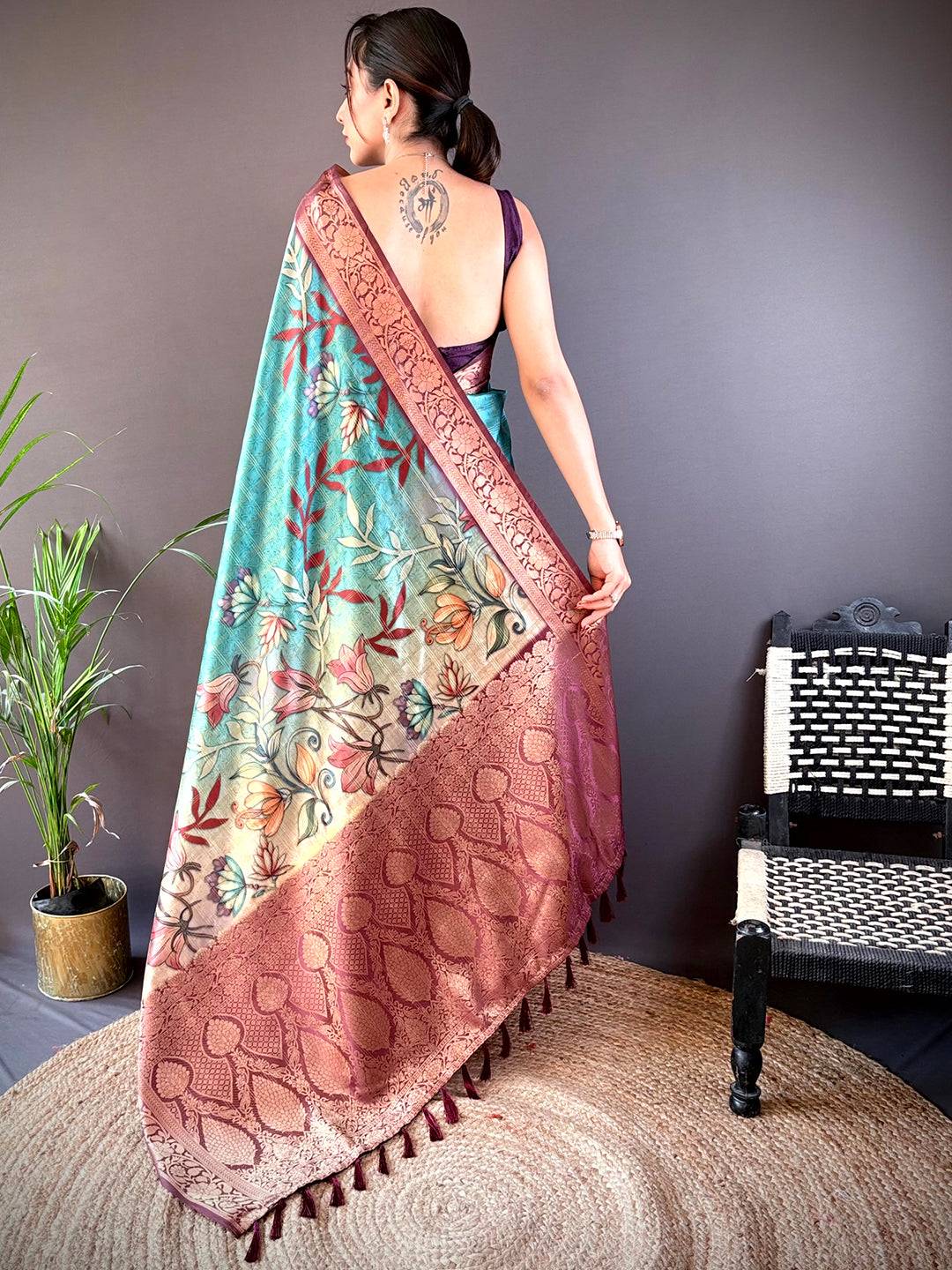 Teal Ombre Floral Digital Print Saree