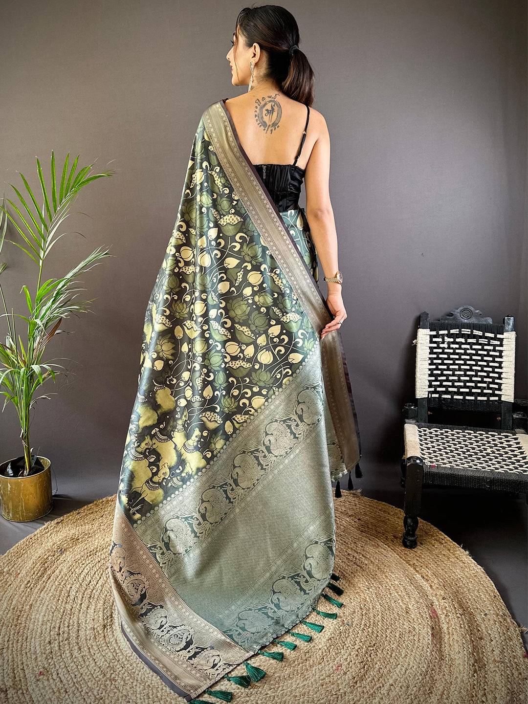 Bottle Green Soft Silk Kalamkari Saree