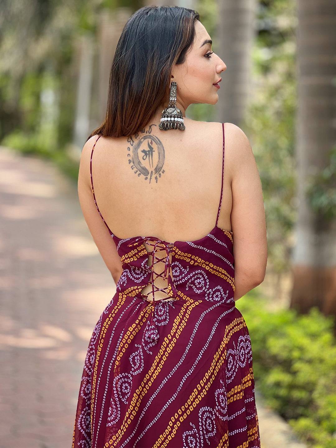 Wine Bandhej Printed Dress