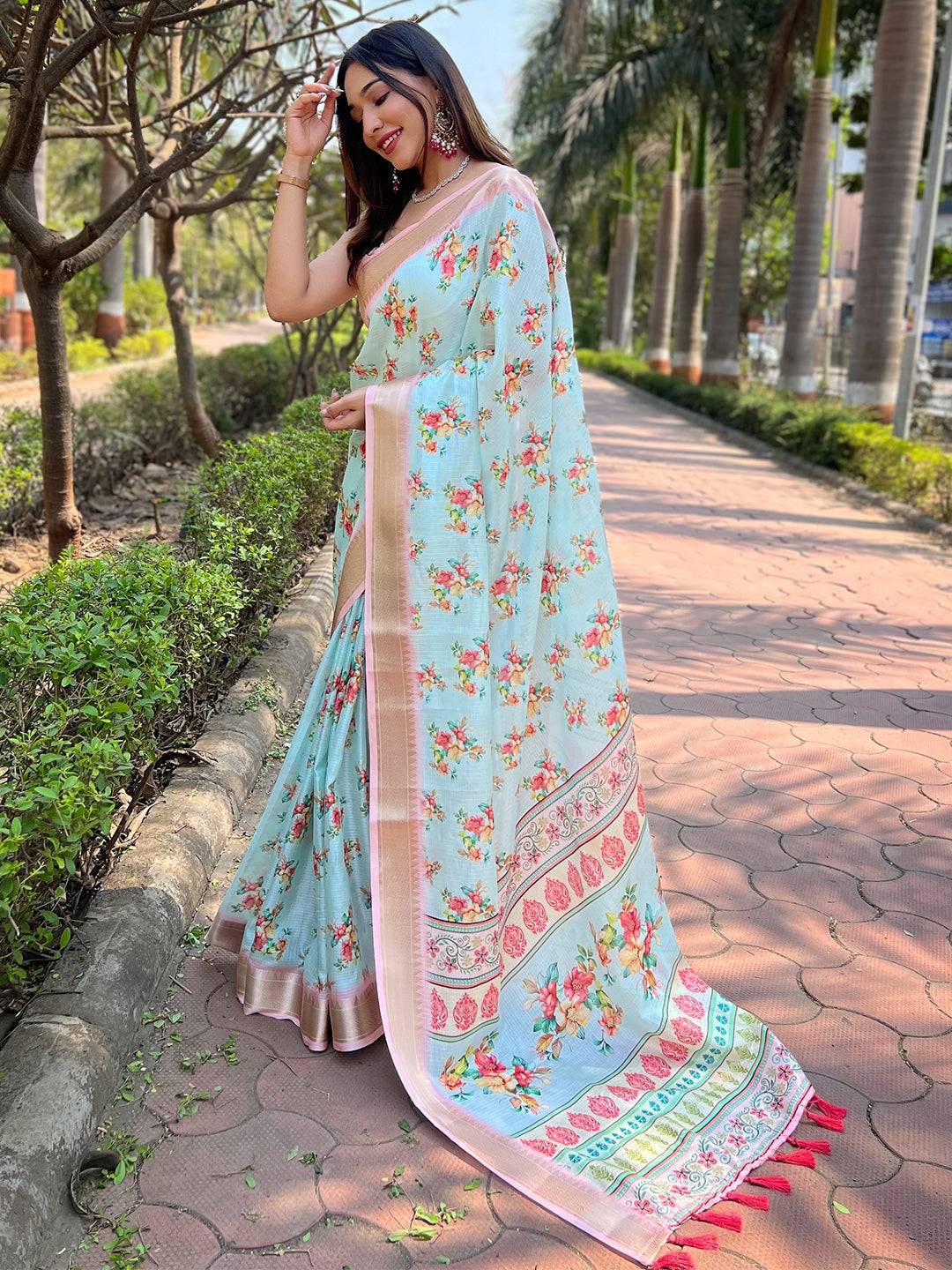 Turquoise Kota With Digital Floral Printed Saree