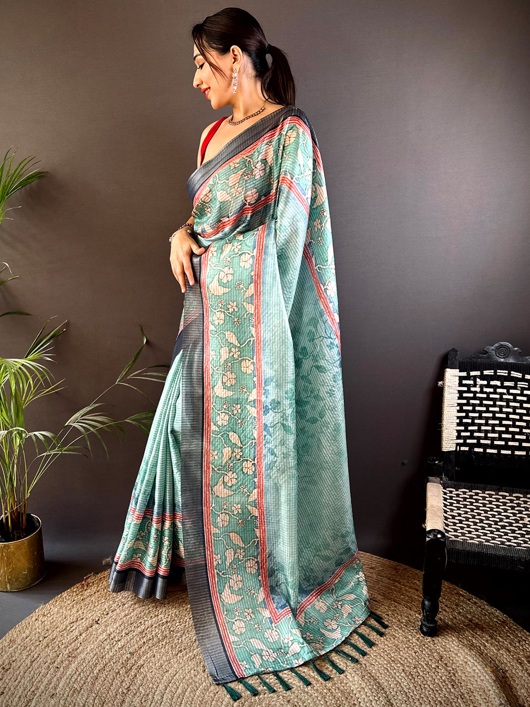 Graceful Green Soft Silk Chex Saree