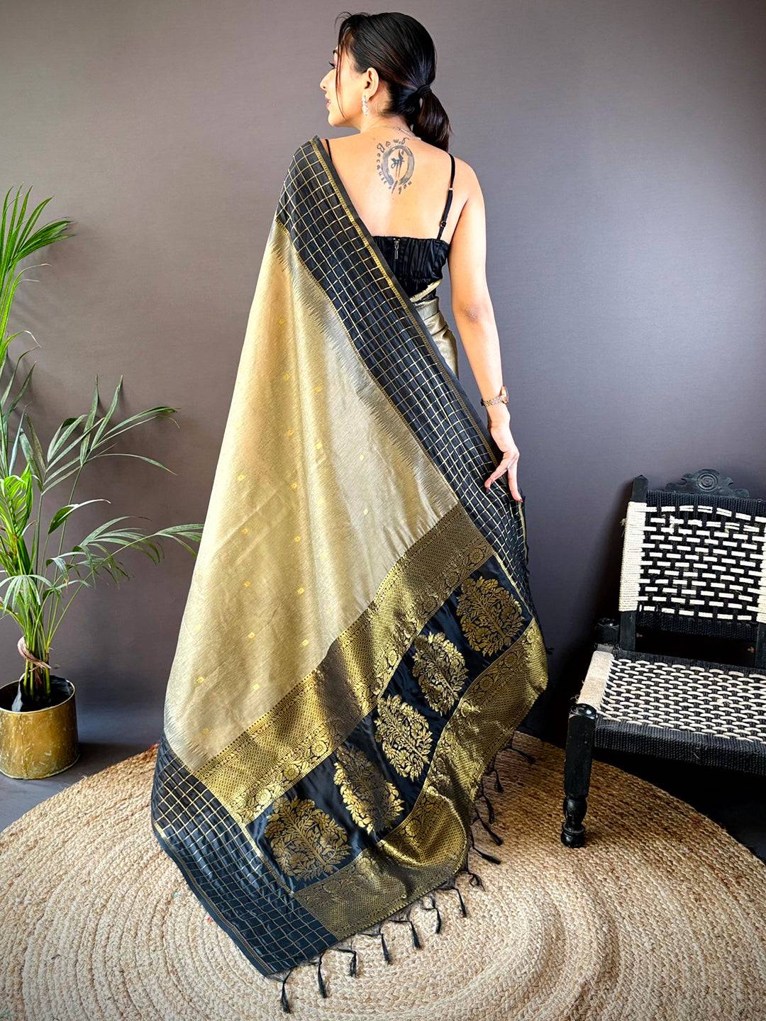 Black Soft Silk Saree With Zari Chex Border