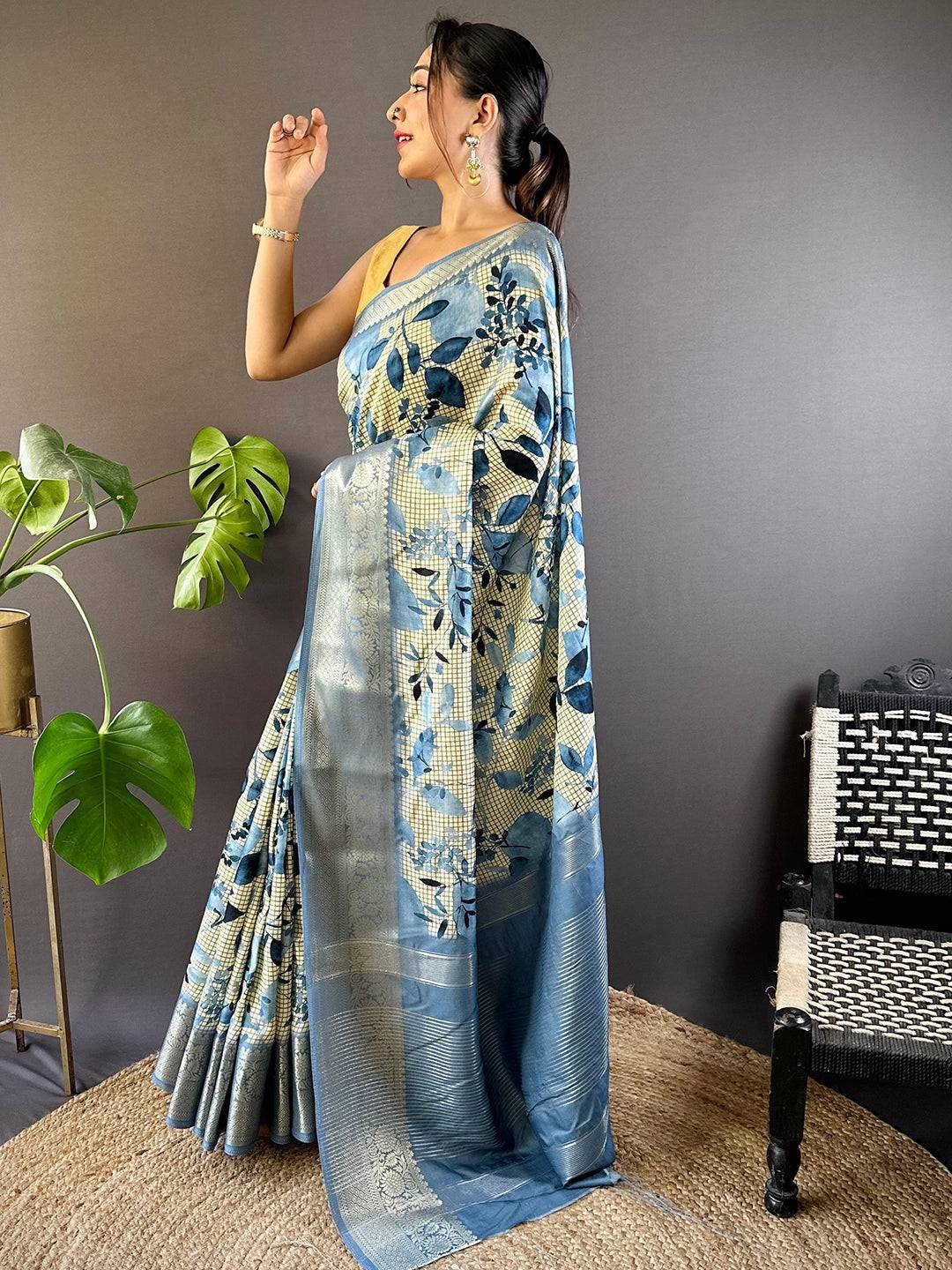 Leaf And Check Sky Blue Viscose Saree