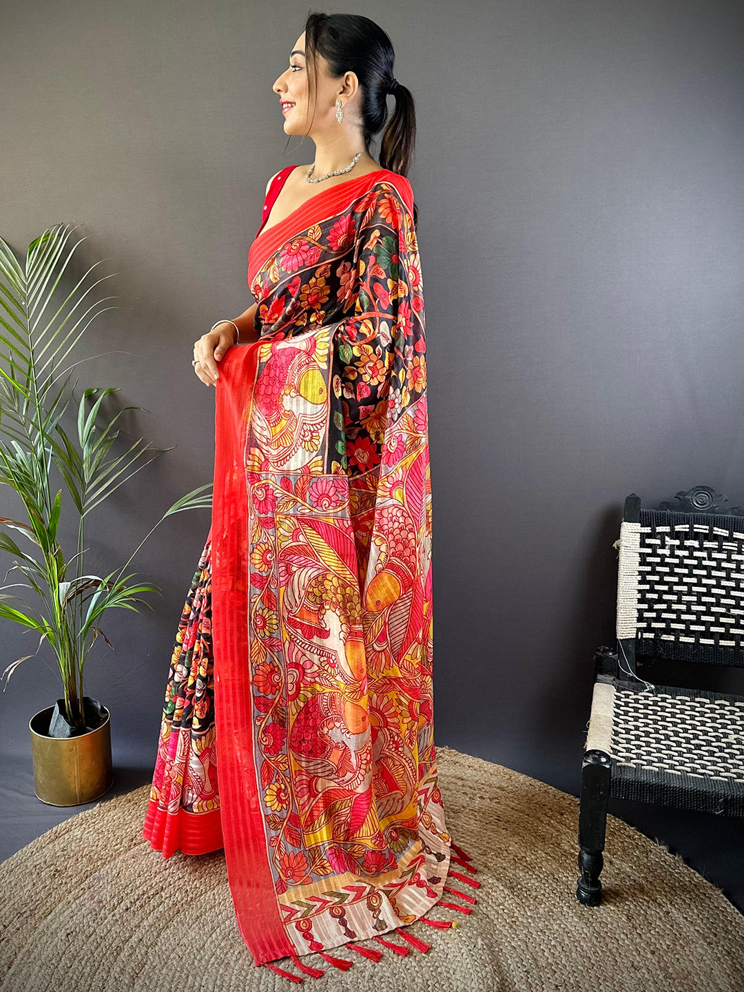 Raven Black Pen Kalamkari Linen Saree