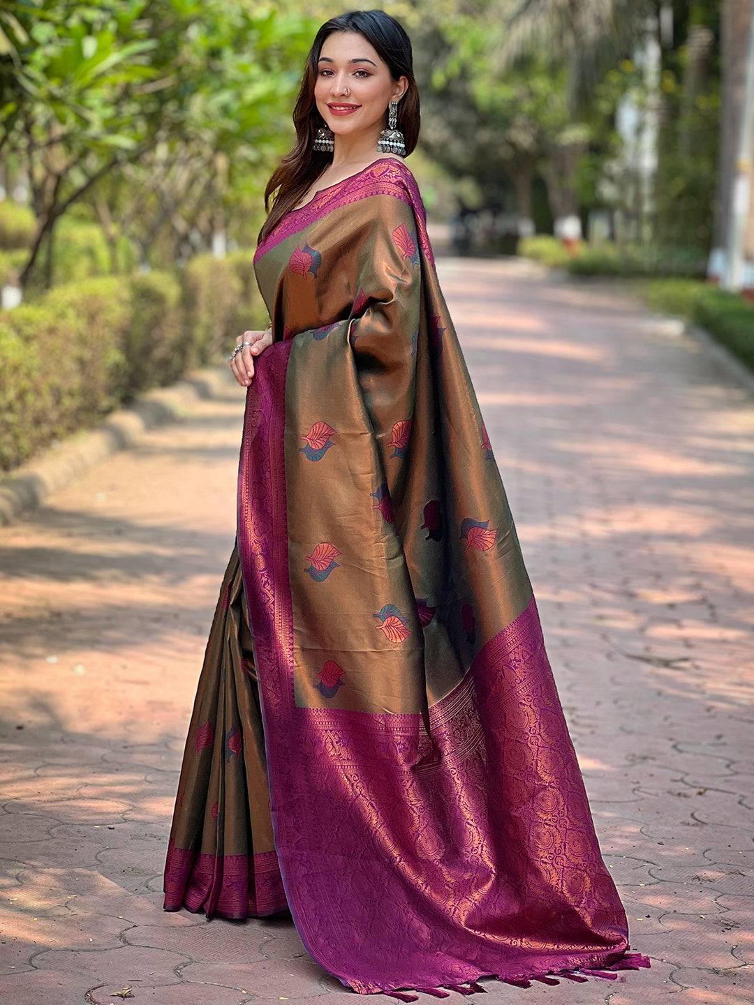 Elegant Midium Bronze Kanjivaram Tissue Saree with gold zari accents.