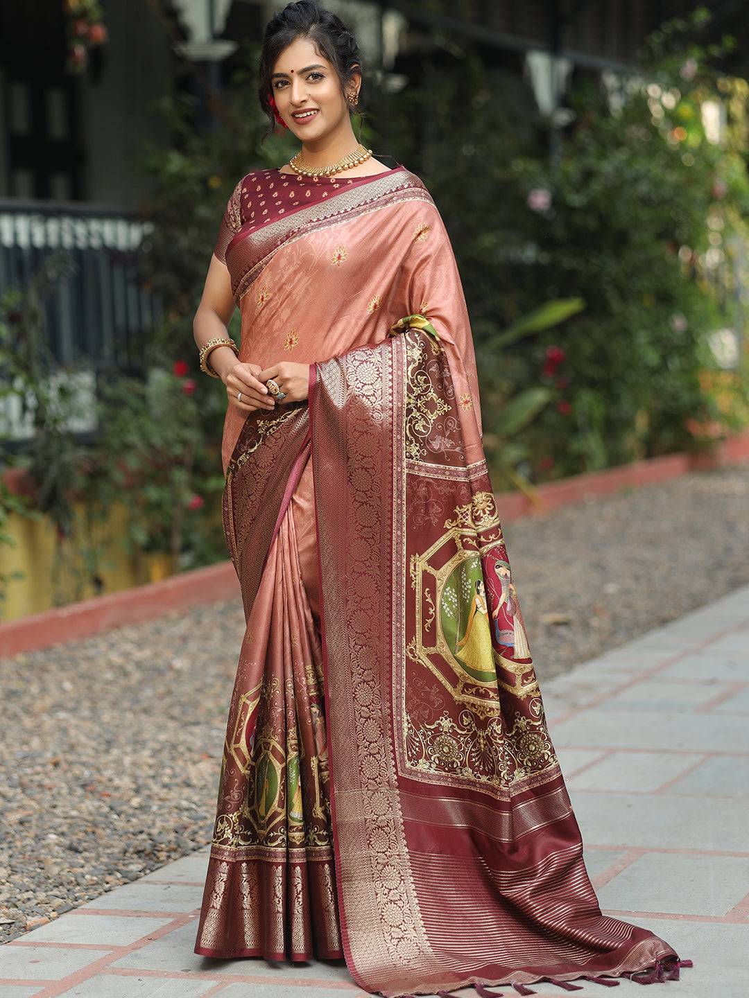 Peach Colour Viscose Dola Silk Saree With Zari Weaving Pallu