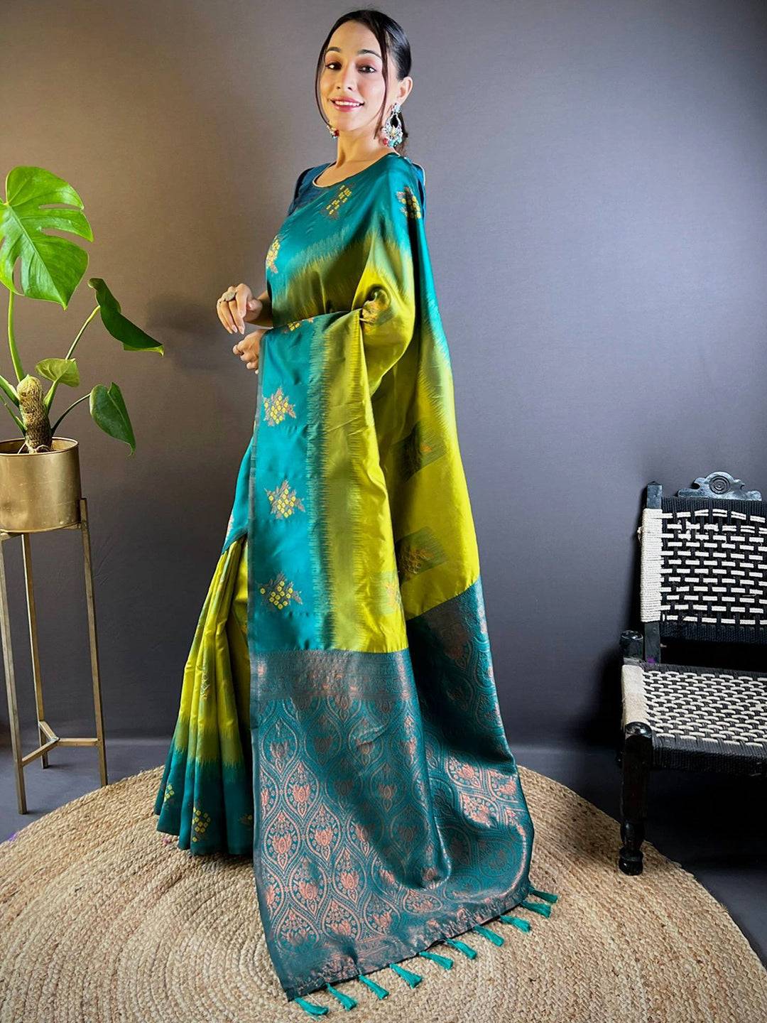 Side view of Lime Sami Banarasi Tussar Silk Saree