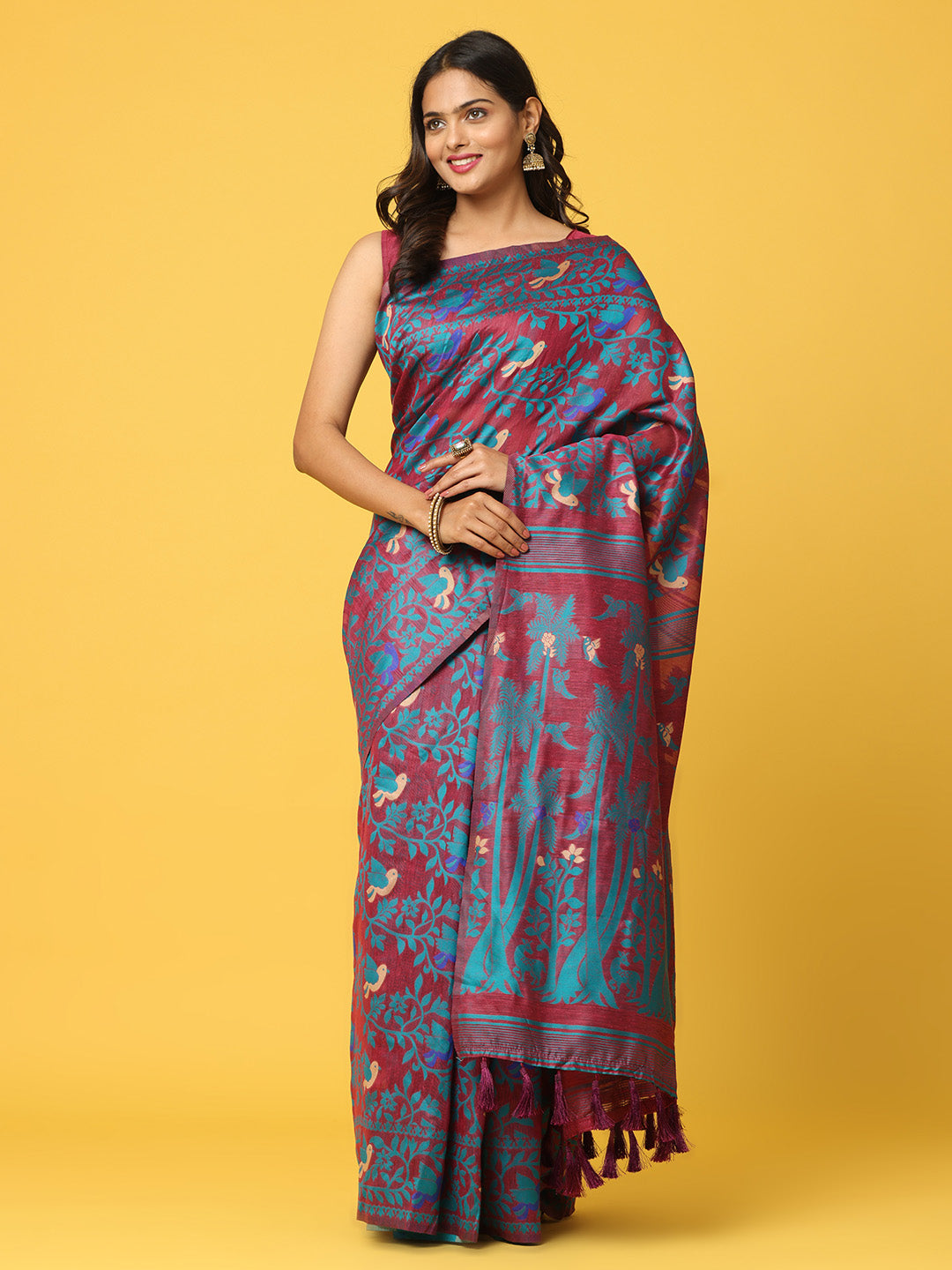 Solid Blue Half And Half Cotton Silk Saree With Small Butti Weave -  Loomfolks