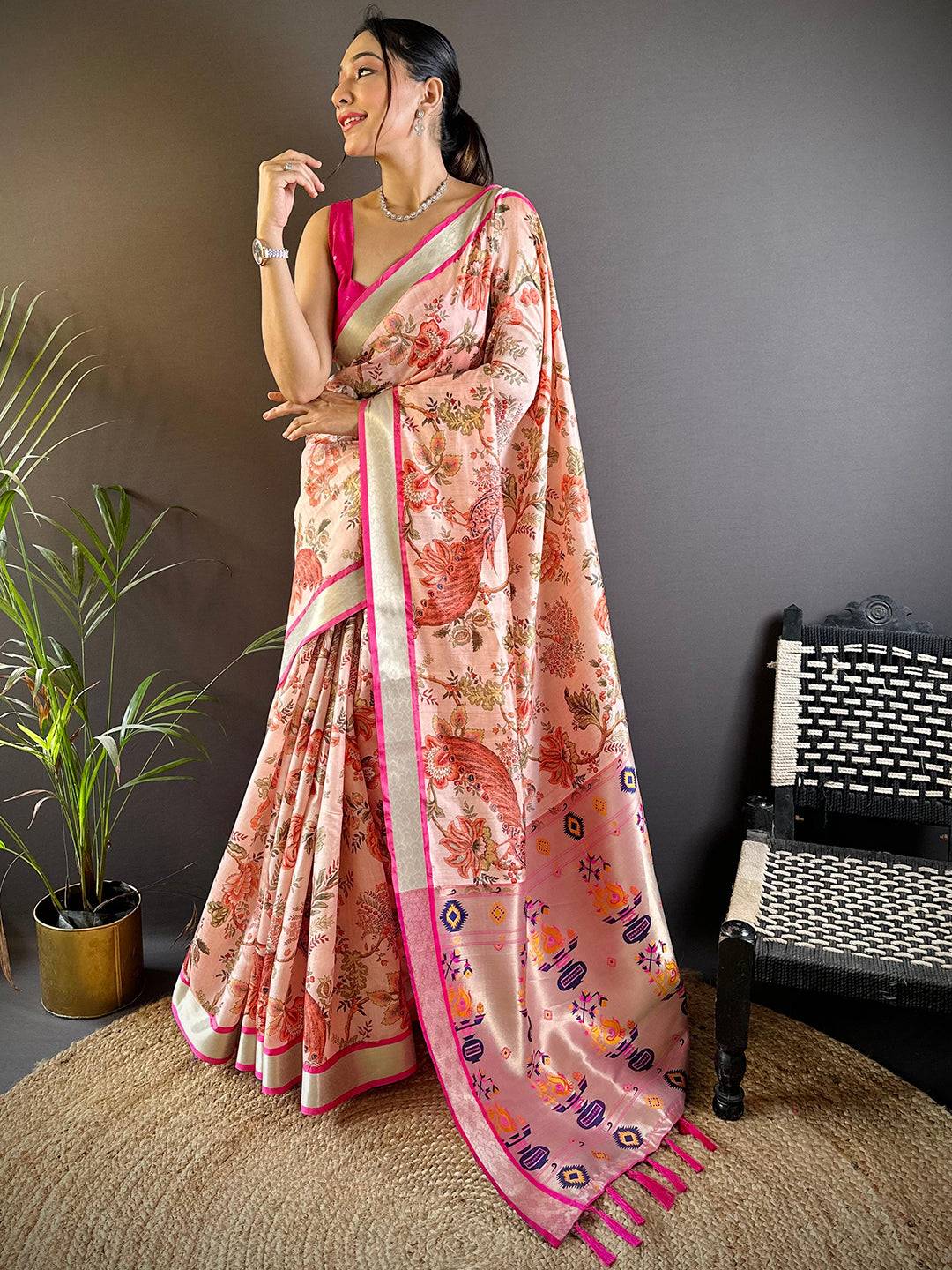 Peach Radiance Phulkari Silk Saree