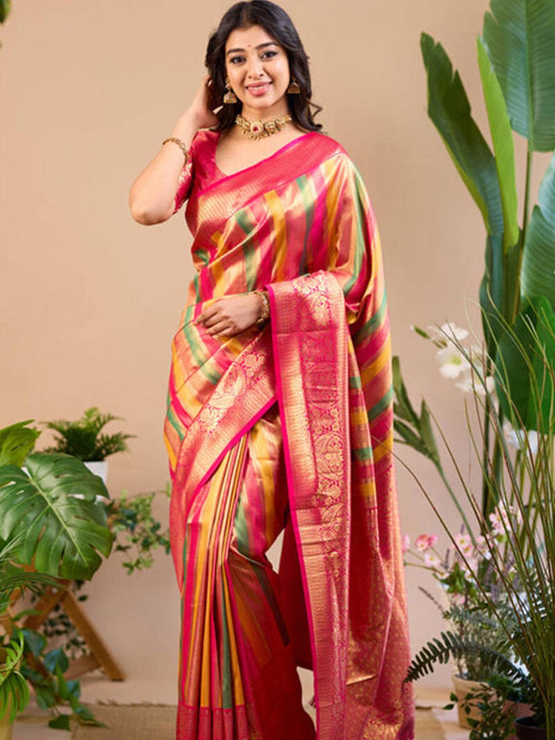 Radiant Pink-Gold Stripe Saree