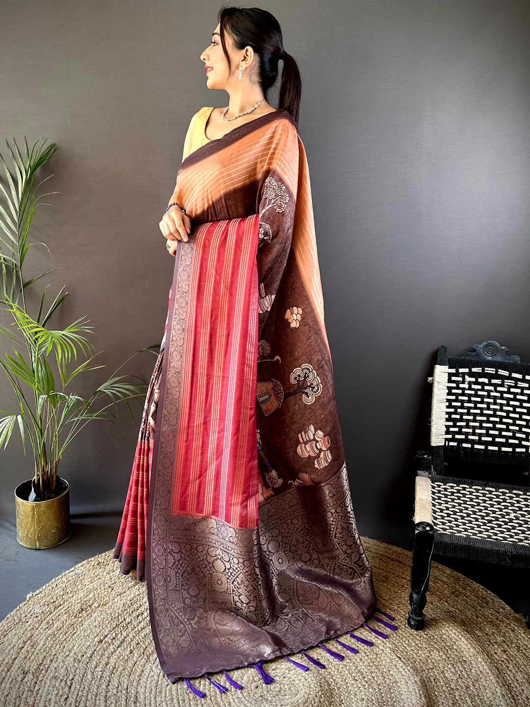 Brown Soft Crep Silk Ombre Print Saree