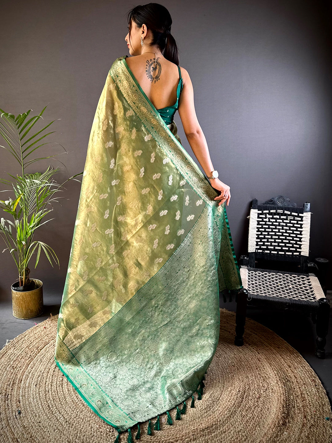 Serene Forest Green Kora Tissue Saree