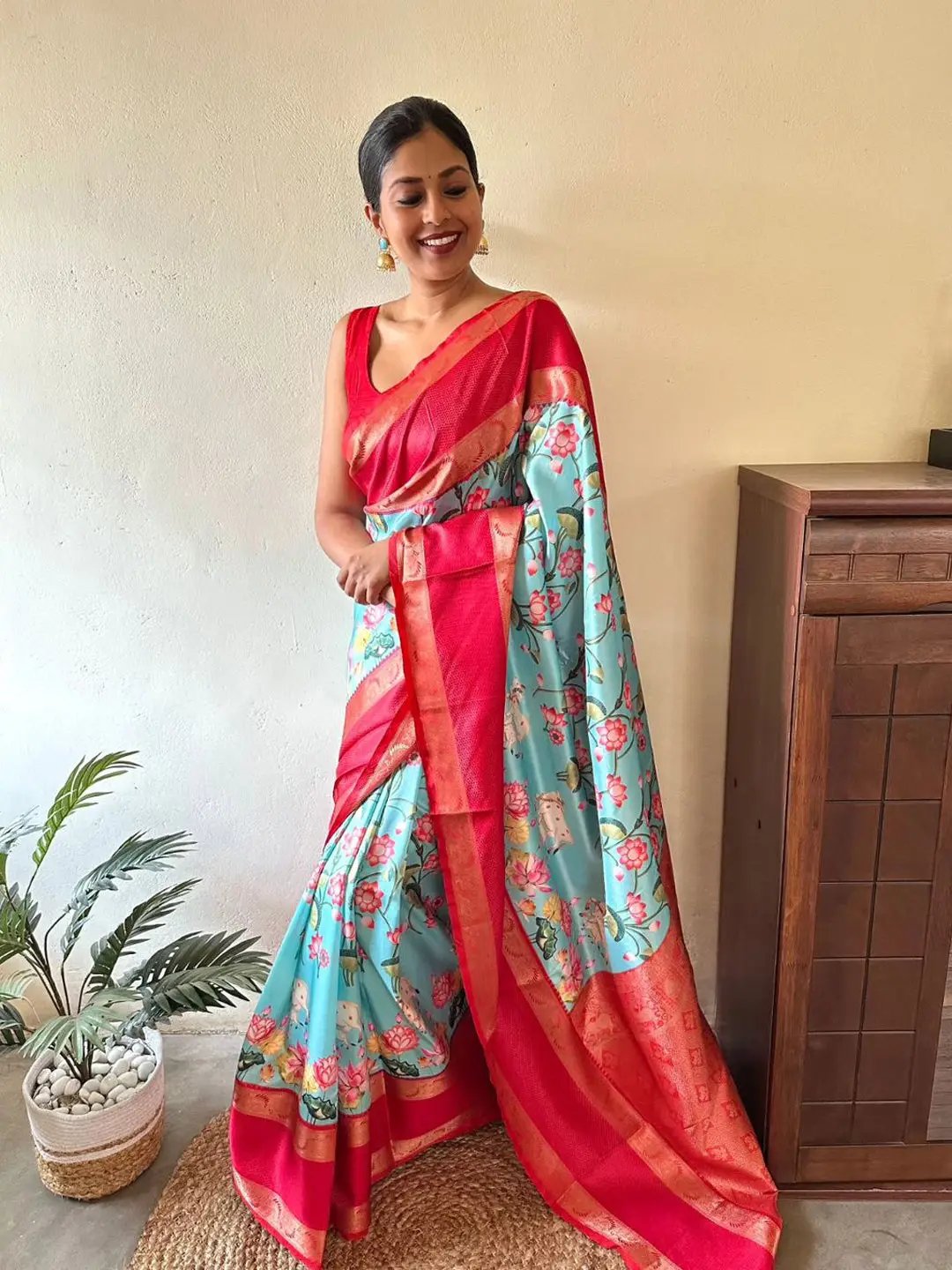 Floral Gadwal Silk Saree with Bold Red Pallu