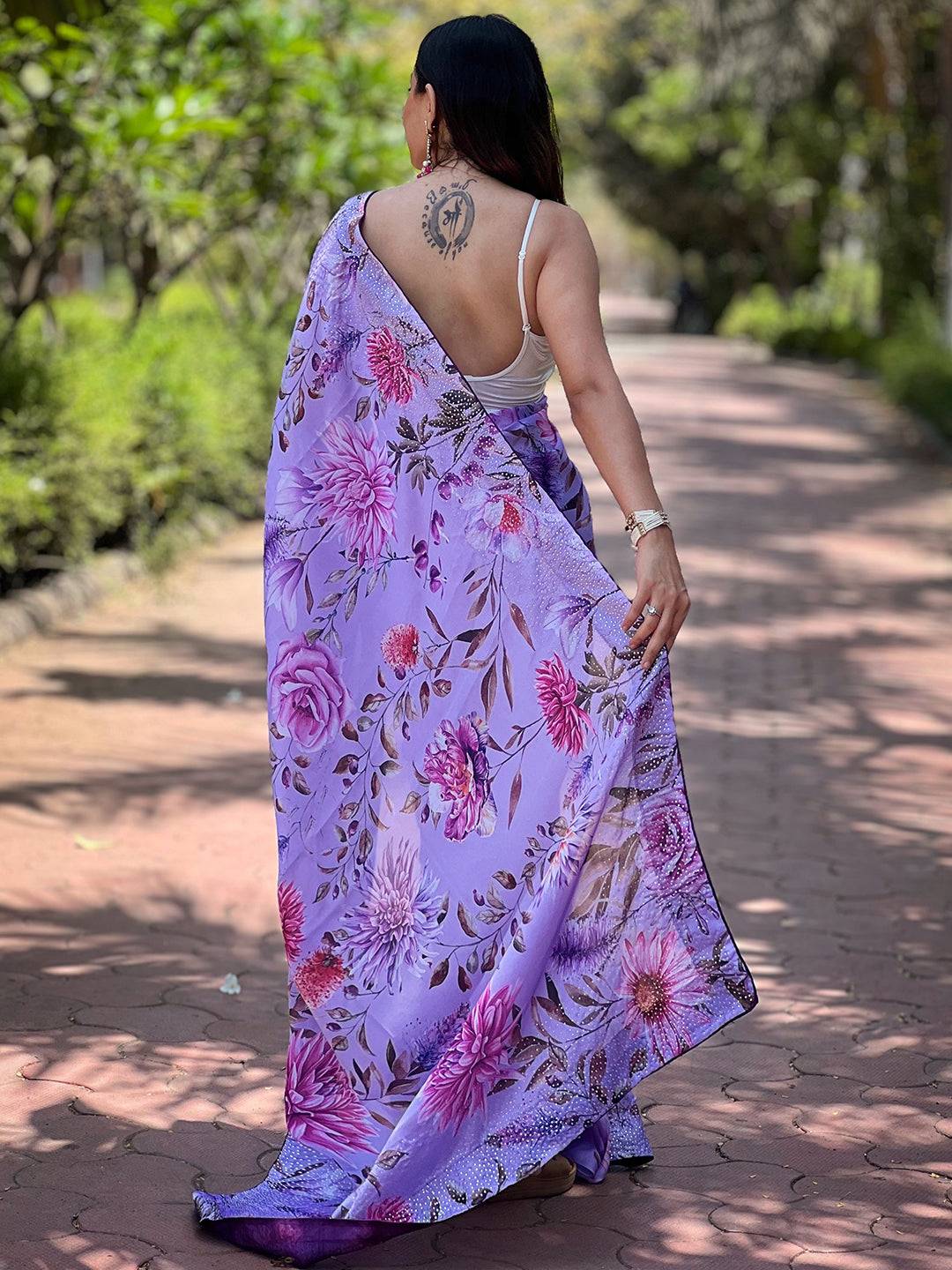 Back view of lavender floral satin georgette saree